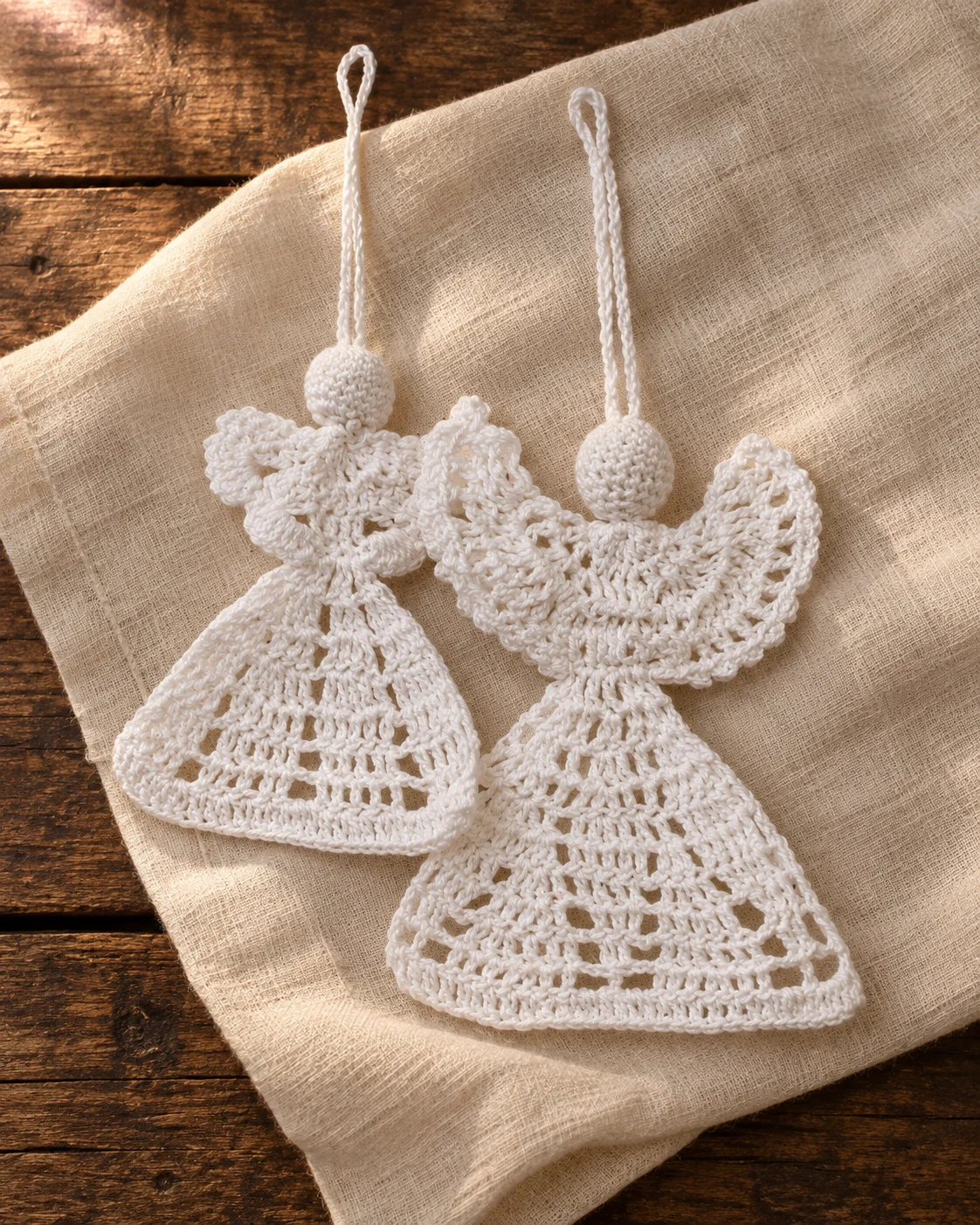 White openwork crochet angel ornaments in a warm Christmas setting.
