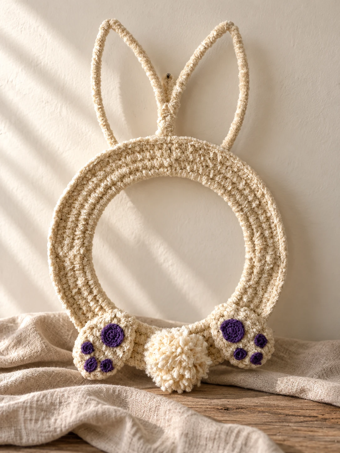 A cream crochet wreath with bunny ears, a pom-pom tail and two feet with purple paw pads, leaning against a wall.