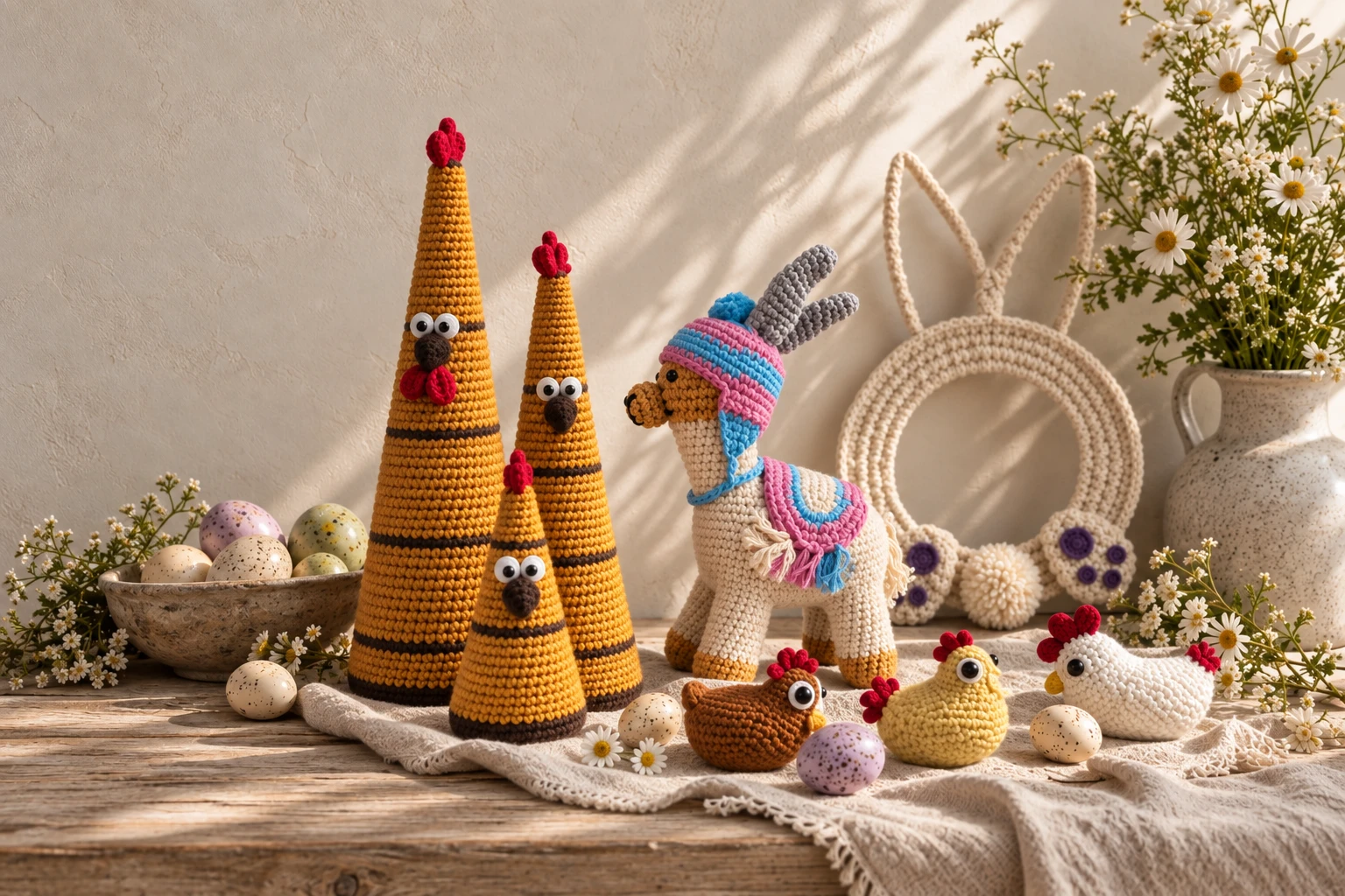 Crochet hen cones, small hens, a llama and a round crochet wreath arranged with daisies on a linen cloth.