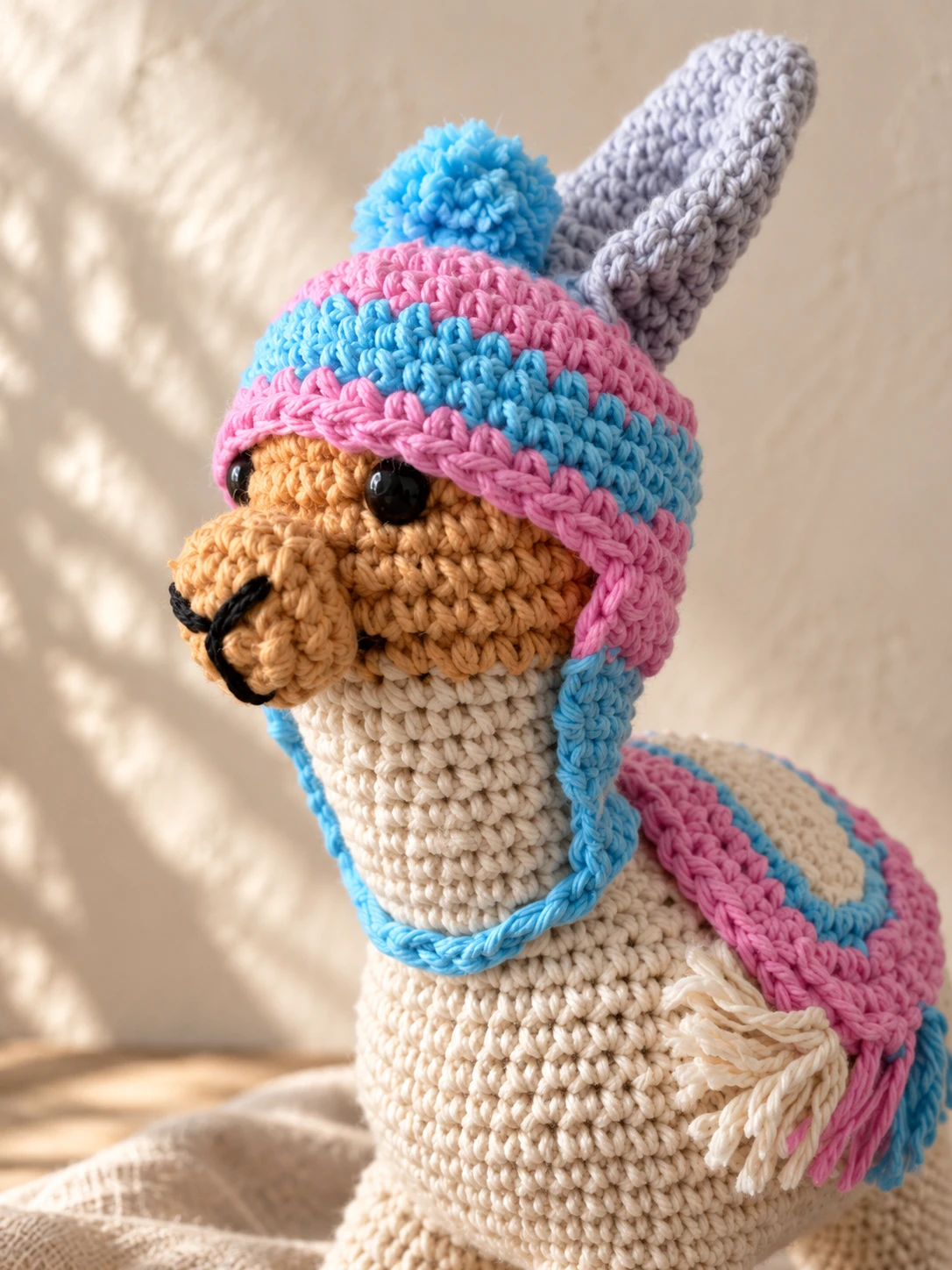 Close view of the crocheted llama's stitched face, striped hat and pom-pom.
