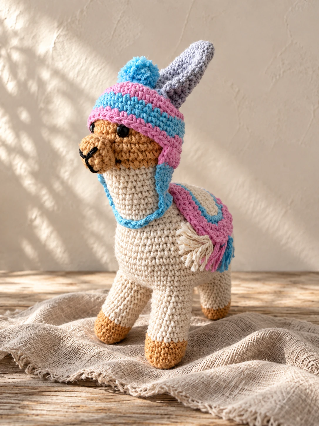 A crocheted llama in a pink and blue striped hat and saddle cloth.