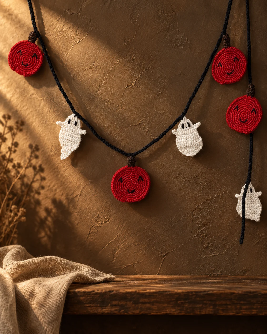 Crochet pumpkins and ghosts alternating along a Halloween garland.