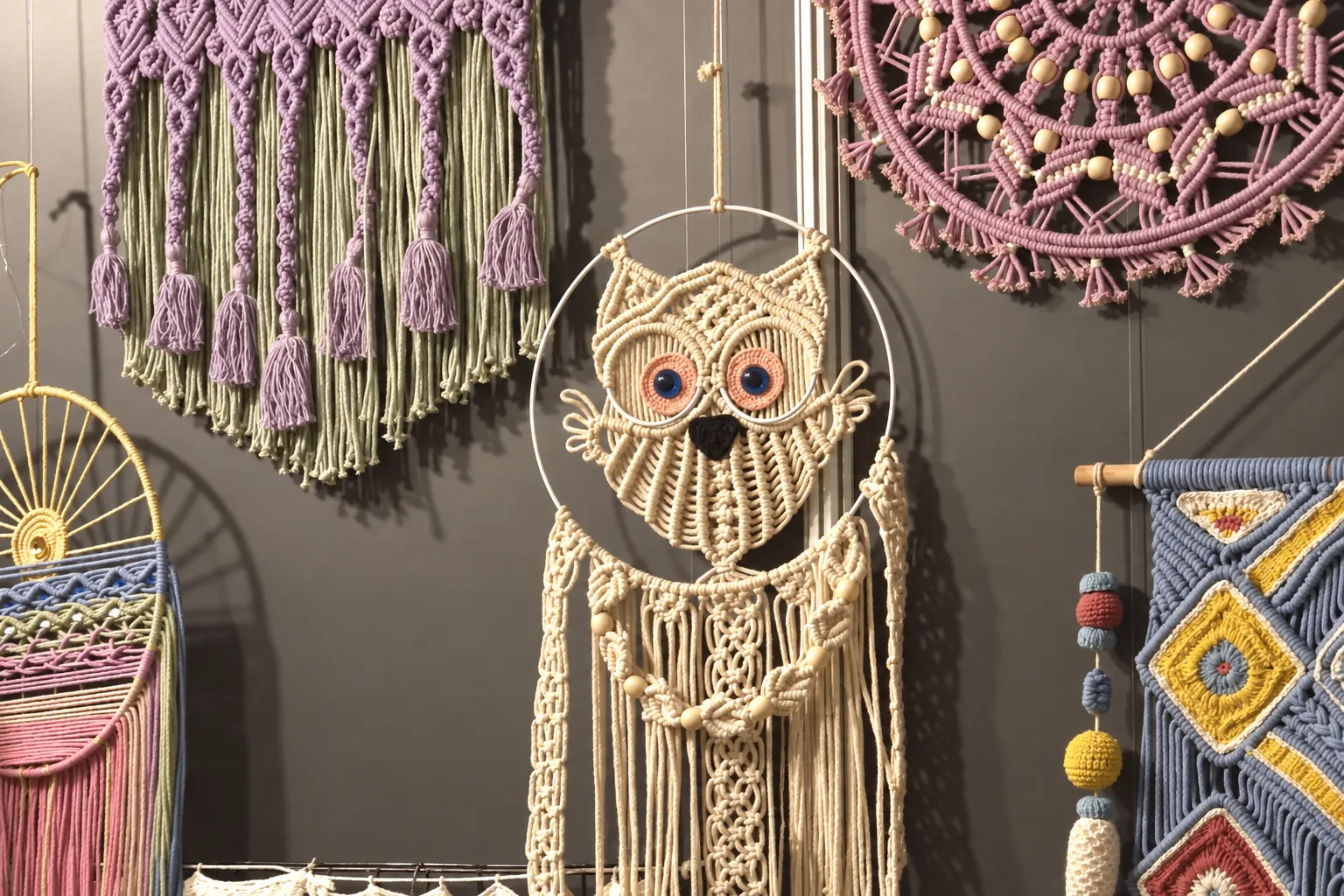 Macramé wall hangings, including an owl-shaped piece, displayed on a dark wall.