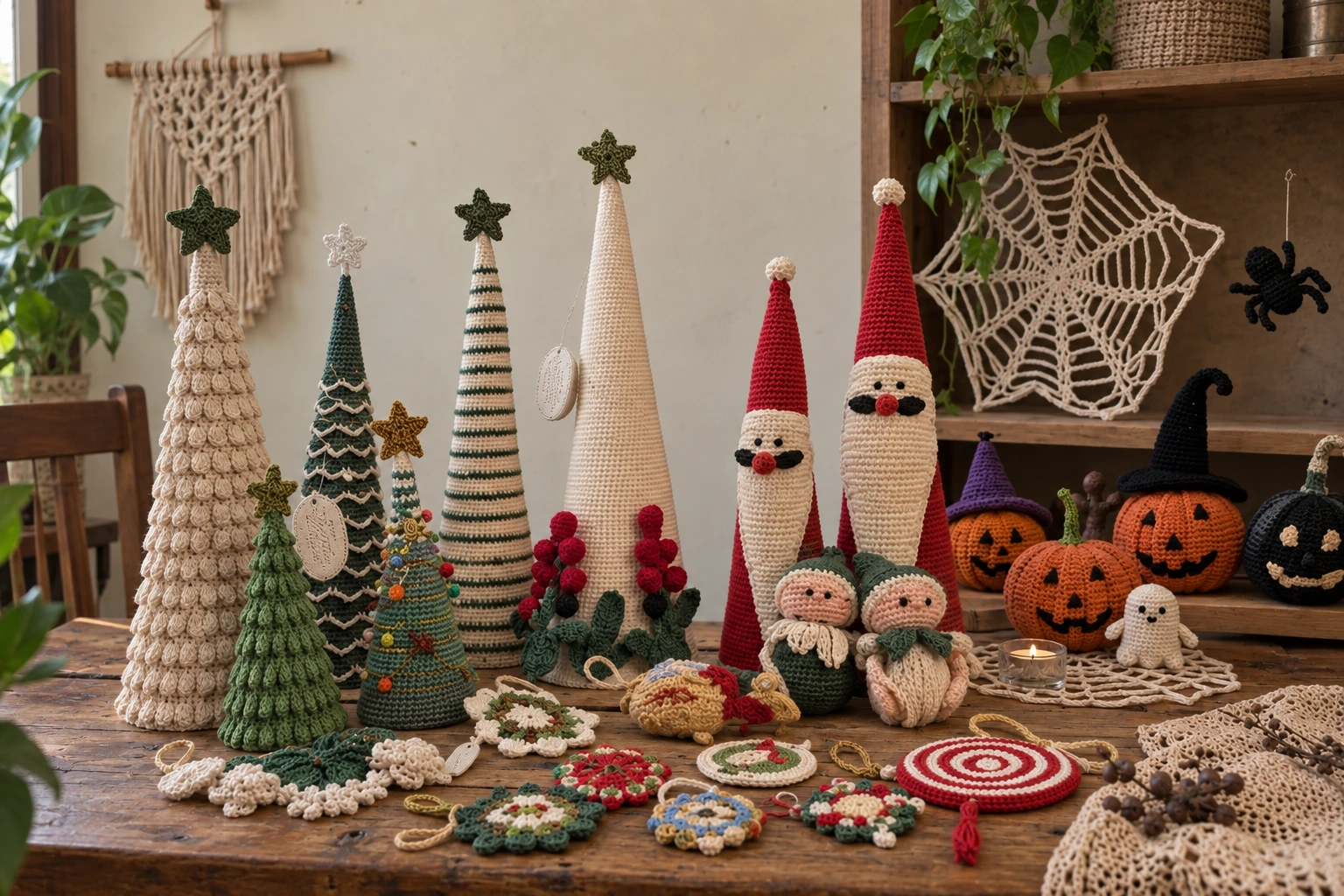 Crochet Christmas trees, Santa figures, elves and ornaments on a wooden table, with Halloween pumpkins on a shelf.