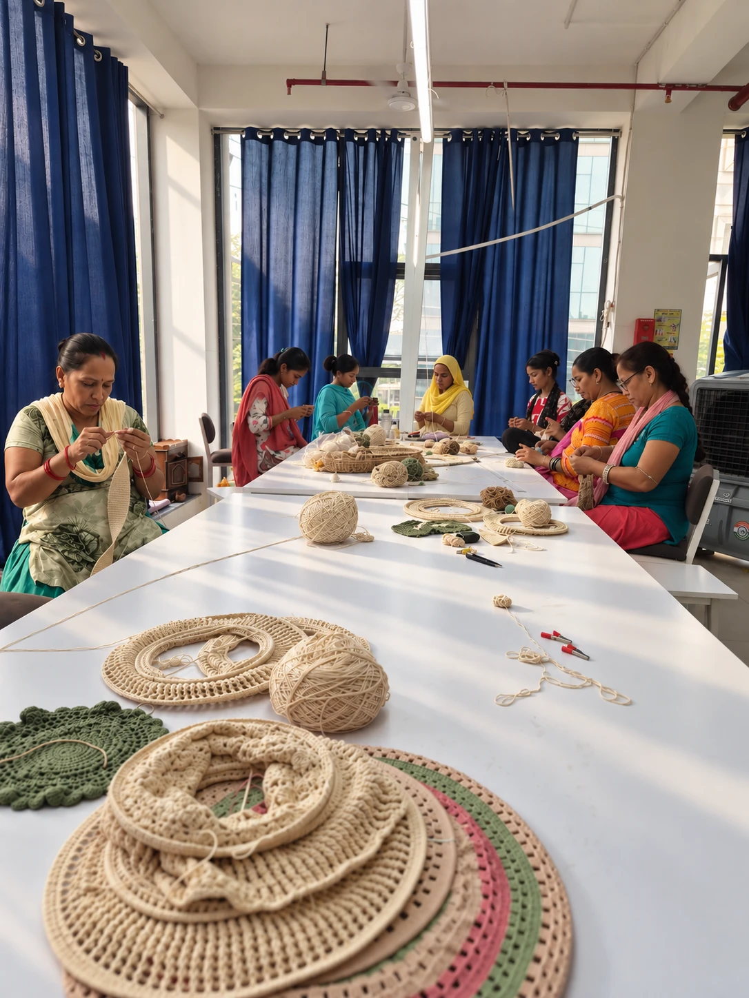 Makers crocheting at long worktables in the Vera Verve workshop, Noida.