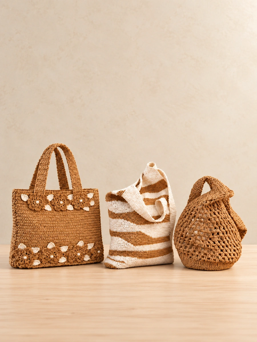 Three crochet bags in tan and cream yarns on a light wooden surface.