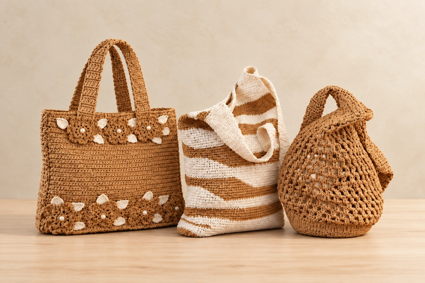 Three handmade crochet bags standing on a light wooden surface