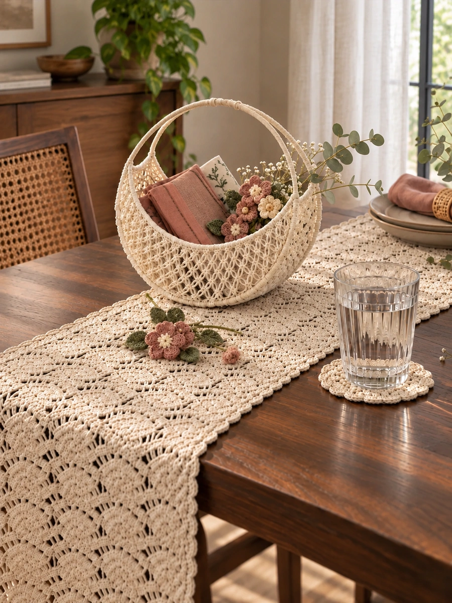 A cream macramé basket with flowers on a crochet table runner, beside a glass on a crochet coaster.
