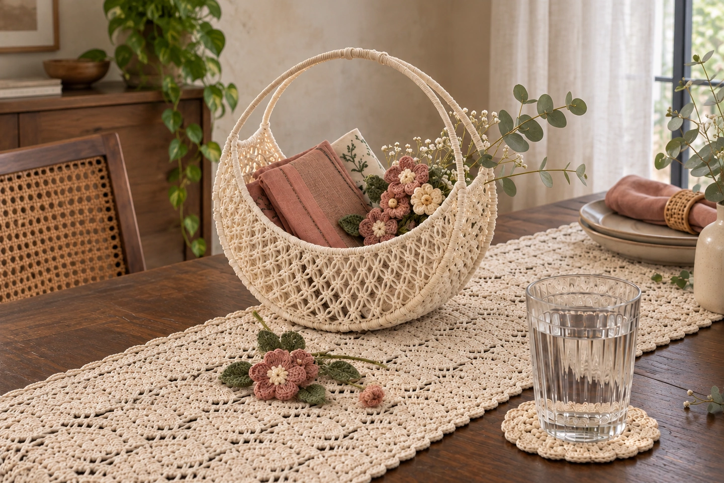 Cream openwork basket and crochet flowers on a neutral runner beside a glass and coaster
