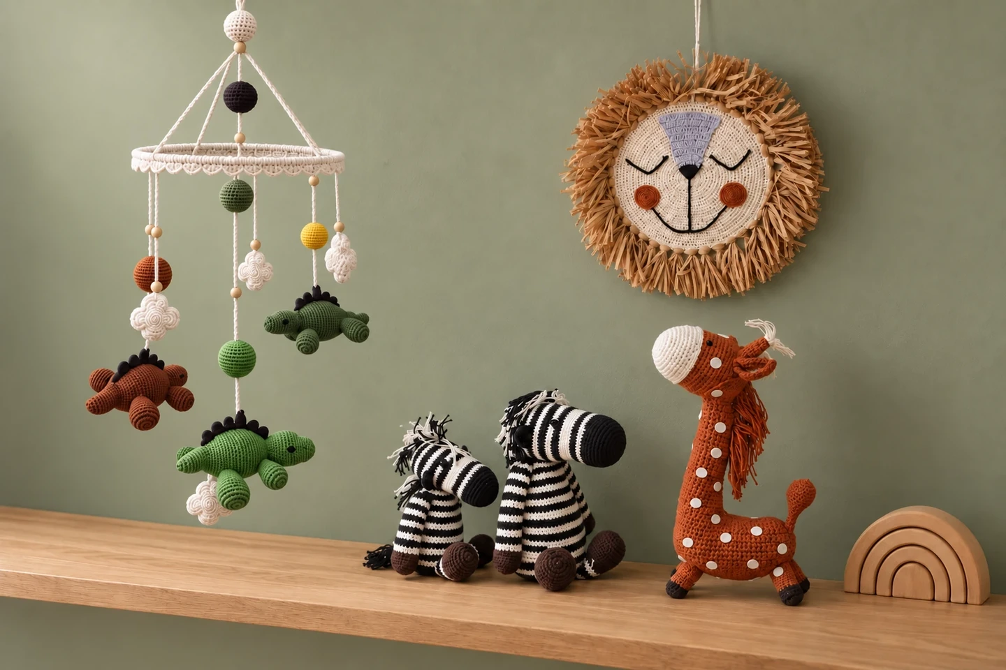 Crocheted dinosaur hanging décor, a raffia lion wall piece, two zebras and a spotted giraffe on a wooden shelf against a sage wall
