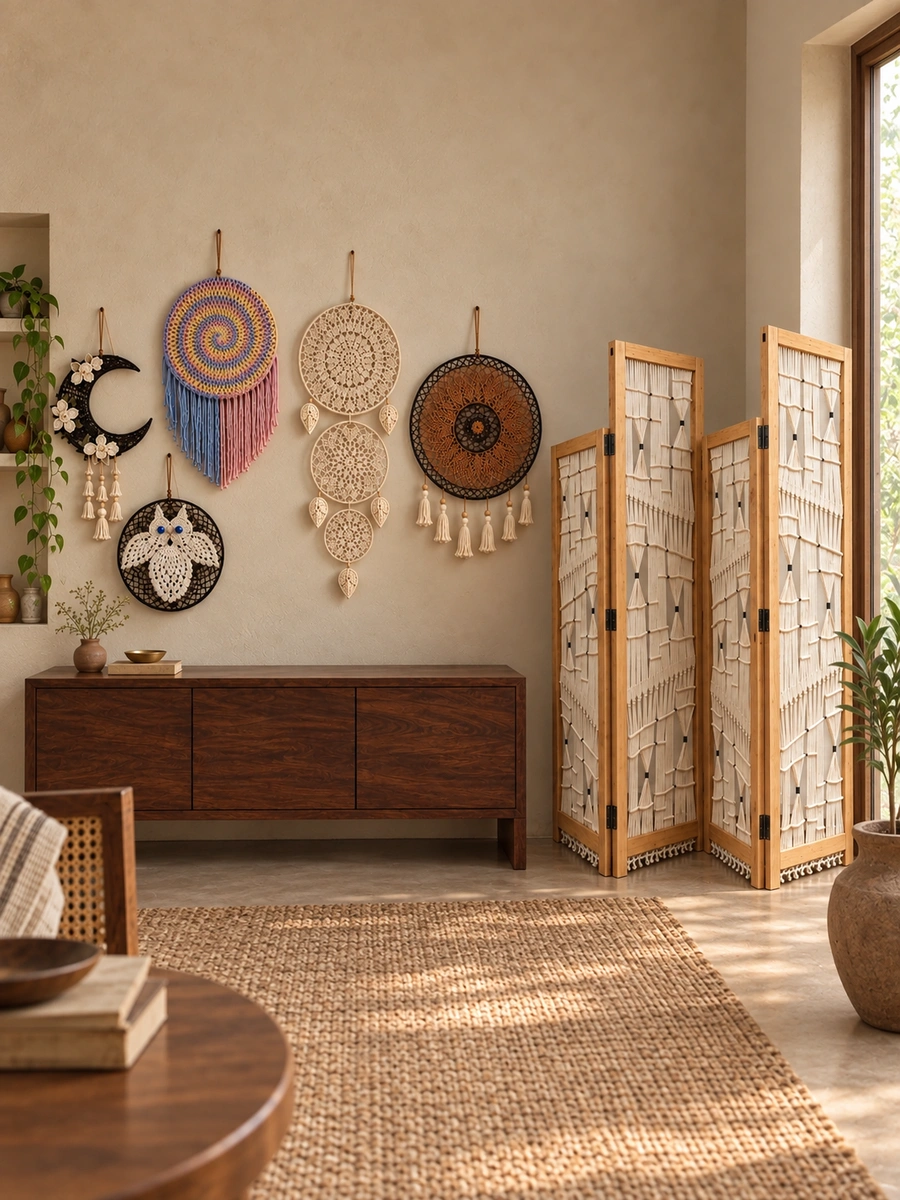 Macramé and crochet wall hangings above a wooden sideboard, beside a macramé room divider.