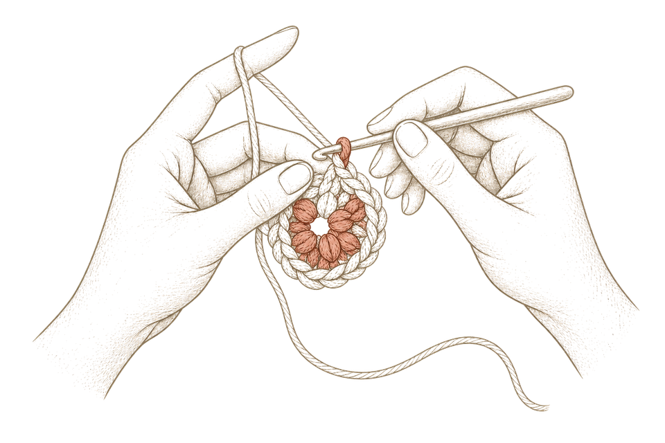 Illustration of two hands crocheting a small round motif.