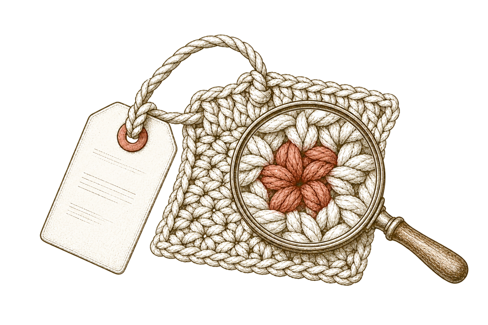 Illustration of a crochet swatch under a magnifying glass, with a product tag.